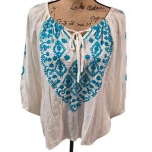 A & A Embroidered White and Aqua Blue Women's Peasant Top Blouse Size Medium